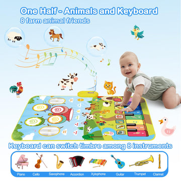 Foki 3-In-1 Musical Mats, Child Floor Piano Drum Animal Music Play Mat Montessori Sensory Early Educational Musical Learning Toy