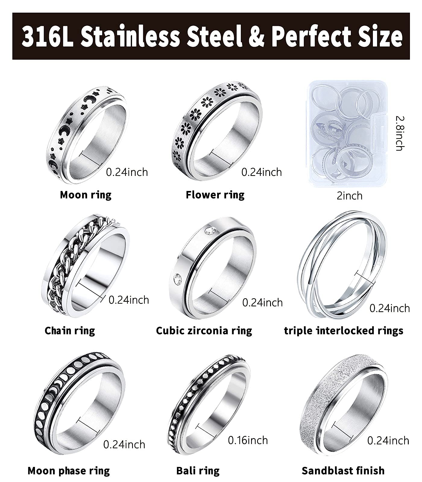 Mucal Fidget Rings For Anxiety 8Pcs Stainless Steel Spinner Ring Anti Spinning Moon Star Cool Stress Relieveing Women Men, Silver, 9