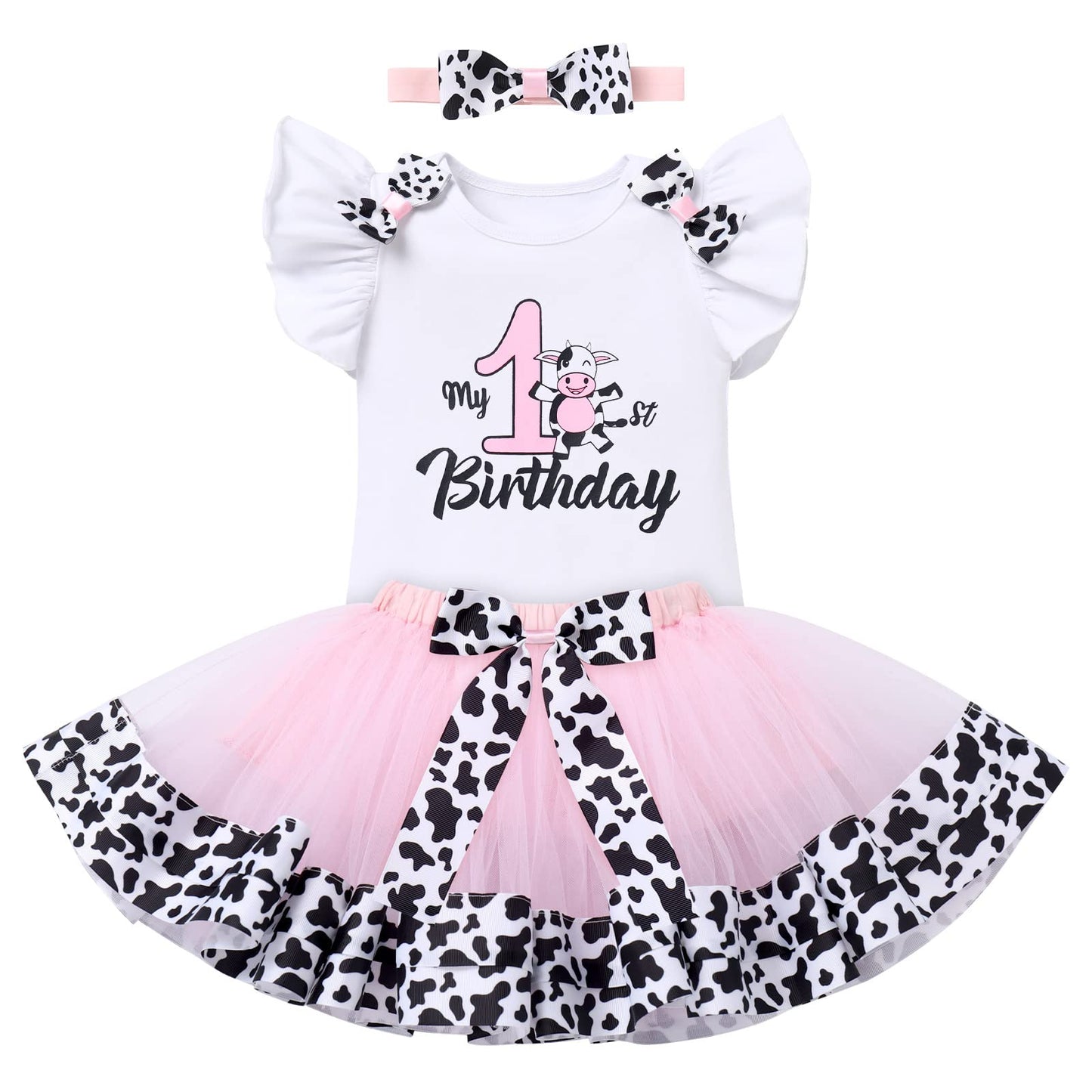 Cow Themed First Birthday Girl Outfit Romper Tutu Skirt Headband Cake Smash Photoshoot Toddler Baby Cows Print My 1St Birthday O