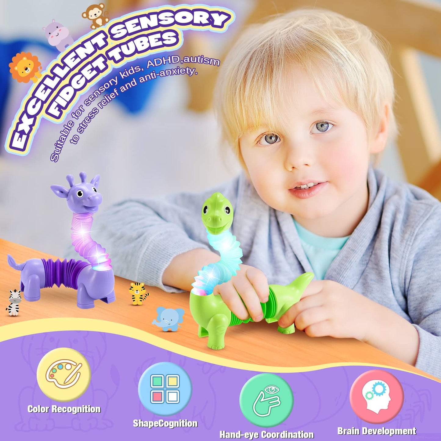 Delighkidz Animals Easter Fidget Toys For Toddlers: 6 Pack Led Animal Pop Tubes For Kids 2 3 4 5 6 7 Year Old Girls Boys Birthday Gifts Autism Sensory Toy For Kid Age 3-5 Tube Light Up Party Favors