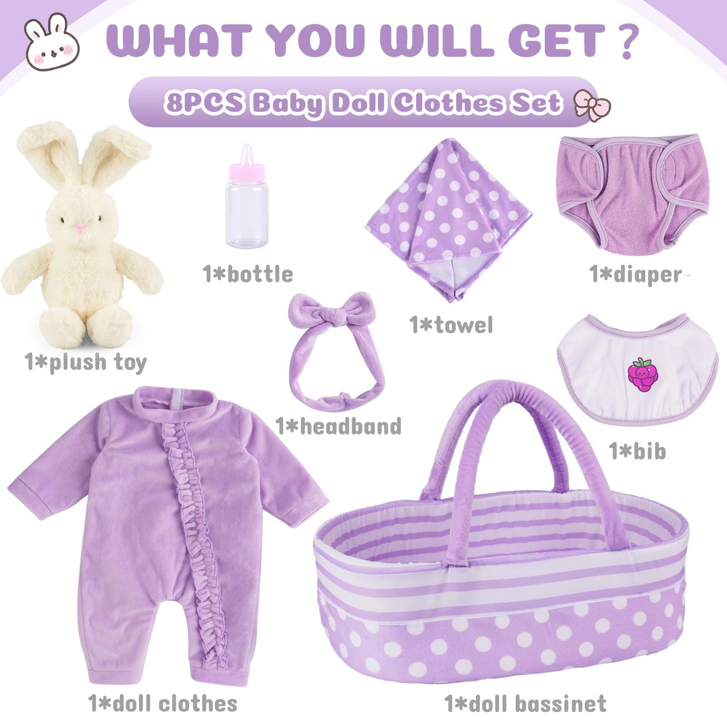 Babeside 8 Pcs Reborn Baby Doll Clothes With Bassinet For 17-22 Inch Baby Doll, Baby Doll Clothes Outfit Accessories Fit Newborn Baby Doll Girl