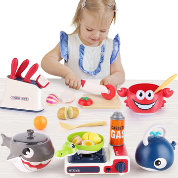 iPlay, iLearn Play Kitchen Accessories, Toddler Cooking Toys Set, Kids Cookware Playset, Pretend Pots Pans W/ Musical Stove, Cut