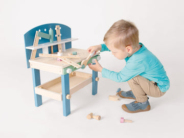 Small Foot Compact Wooden Workbench Set – 21+ Piece Tool Playset, Blue, 16x10x19 inches, Improves Motor Skills, Ages 3+