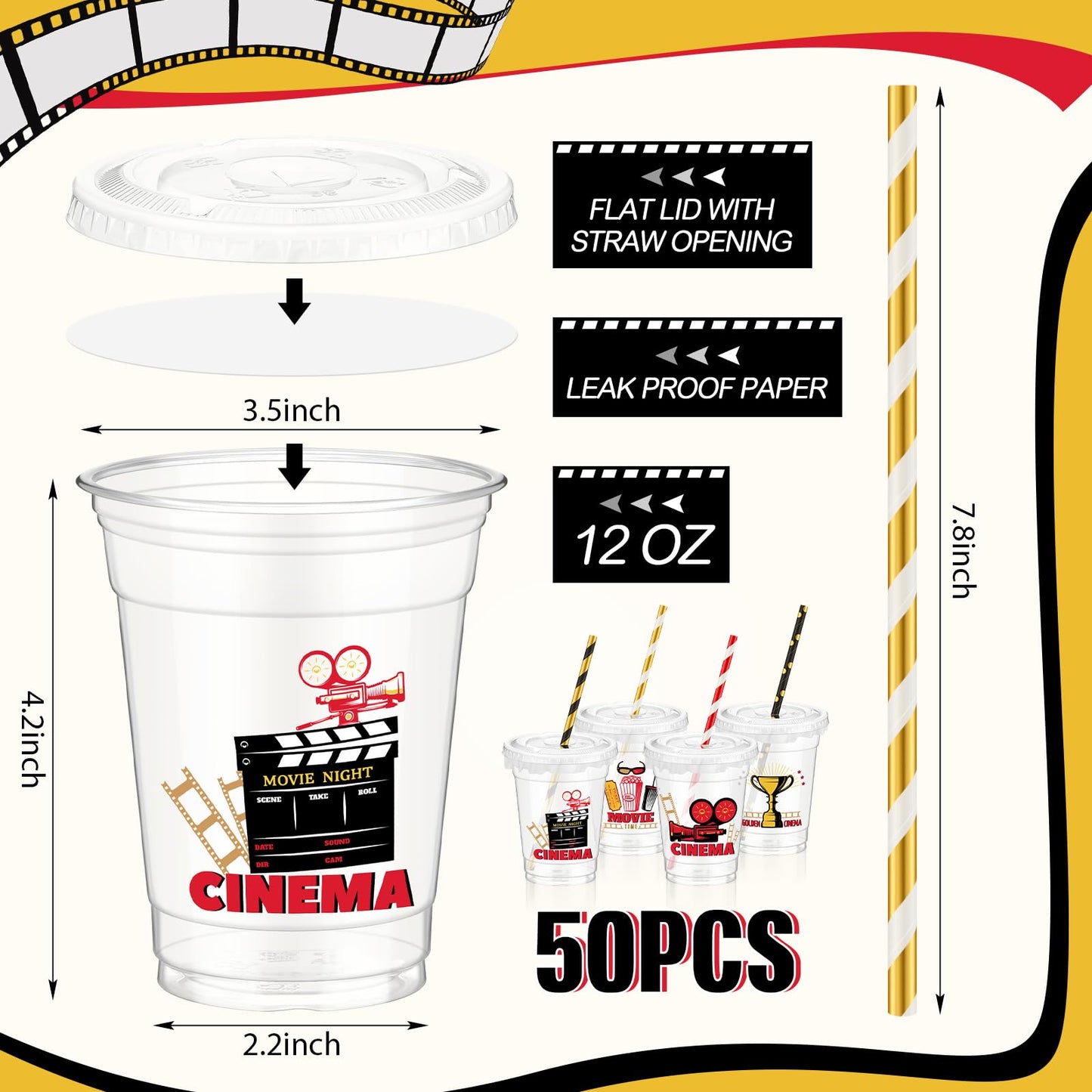 Foldtier 50 Pcs Movie Night Cups 12 Oz Disposable Plastic Cups With Straws And Lids Cinema Clear Cup Birthday Cups Supplies Birt