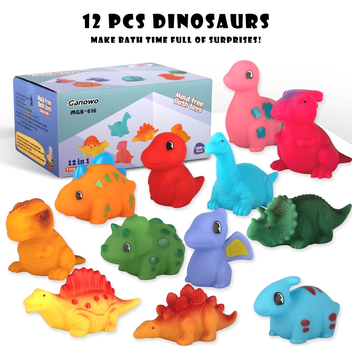 Ganowo 12Pcs No Hole Dinosaur Bath Toys For Toddlers 1-3, Mold Free Baby Bathtub Pool Water Toys For Dinosaur Party Favors Birthday Christmas Easter
