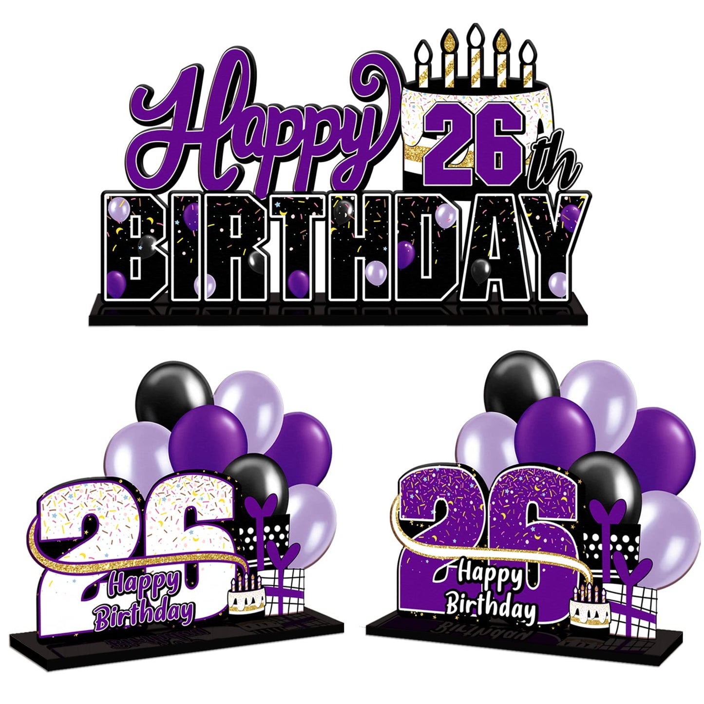 Lingteer Happy 26Th Birthday Purple Acrylic Table Topper Centerpieces Set - Cheers To 26 Years Old Birthday 26Th Bday Party Gift Decorations.