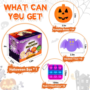 48 Halloween Toys Pack with Pumpkin Box, Halloween Party Favors Gifts for Kids, Halloween Goodie Bag Stuffers with Bubble Push i