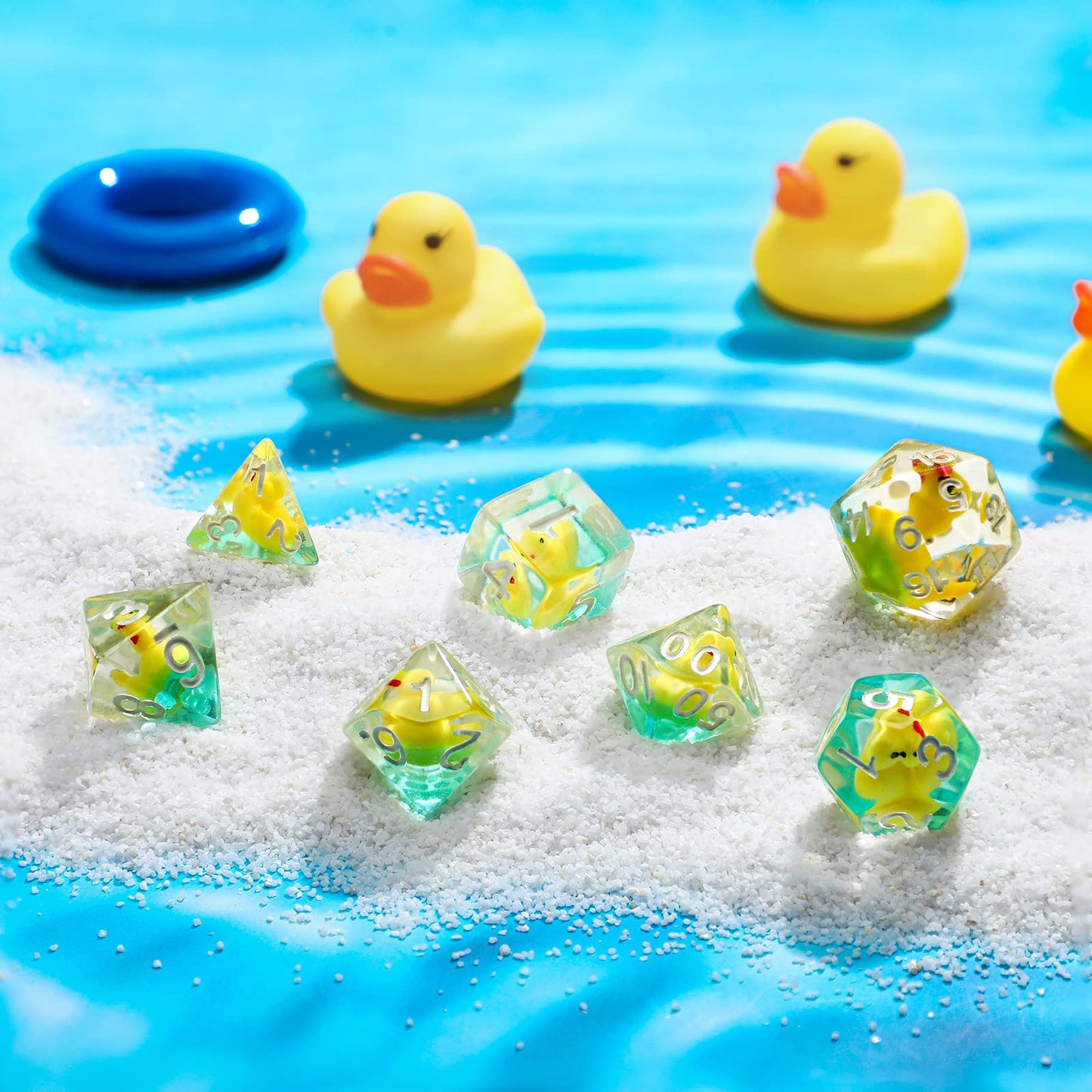 Kathfly 14 Die Rubber Ducks Dice, Resin Polyhedral Dice Set Filled With Animal, Ice Cool Rubber Ducks Translucent Cute Playing T