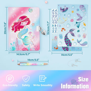 Kids Diary Set For Girls Mermaid Journal Kit - Kids Gold Foil Journal With Lock And Keys, Girls Mermaid Diary, Private Diary A5 Lined Writing Notebook, Birthday Christmas Gift Set With Pen & Stickers