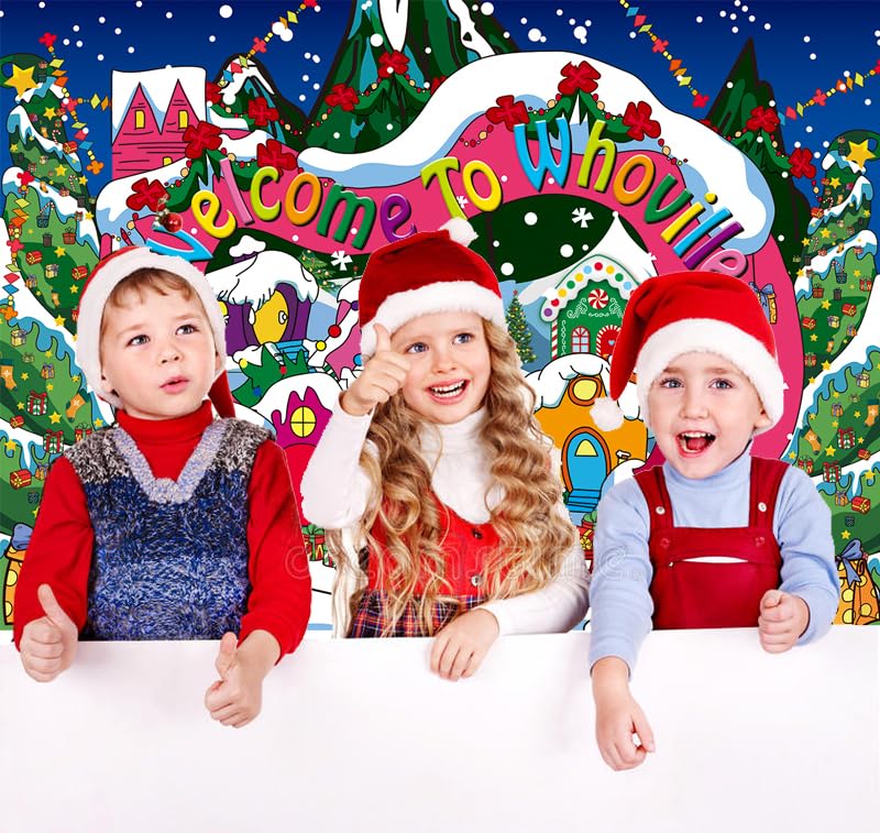 CUMIA Welcome to Whoville Backdrop - 8x6FT Winter Christmas Village Photography Background for Kids Birthday & Holiday Parties, Blue