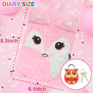 ParkistStar Pink Fox Diary with Lock, 80 Lined Sheets, Kids Journal Notebook Set, Perfect Birthday Gift for Girls, A5 Size