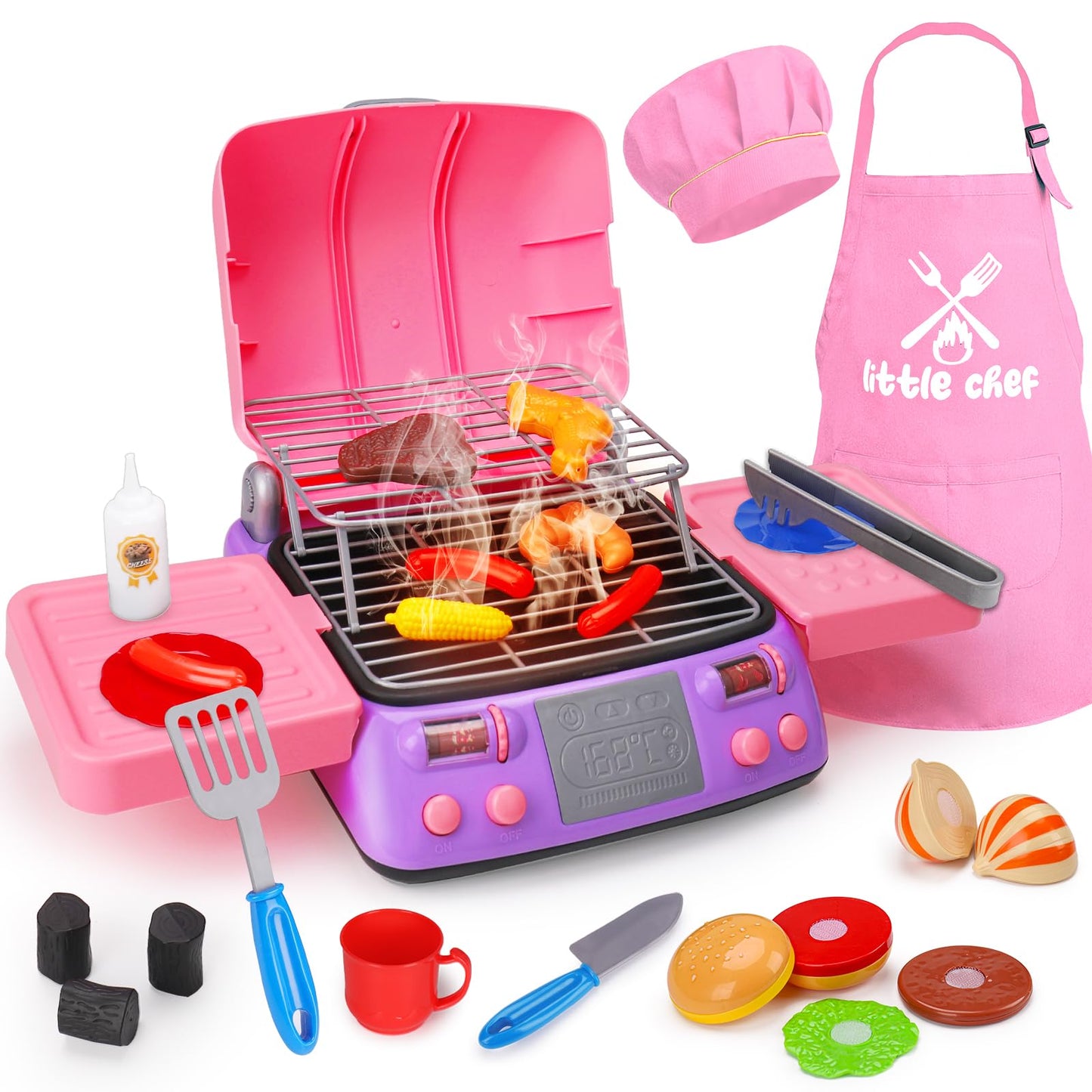 Kids BBQ Grill Playset with Coooking Apron Hat Toddler Girl Pink Kitchen Toy Ages 2-4 3-5 4-8 Pretend Smoke Sound Light Outdoor