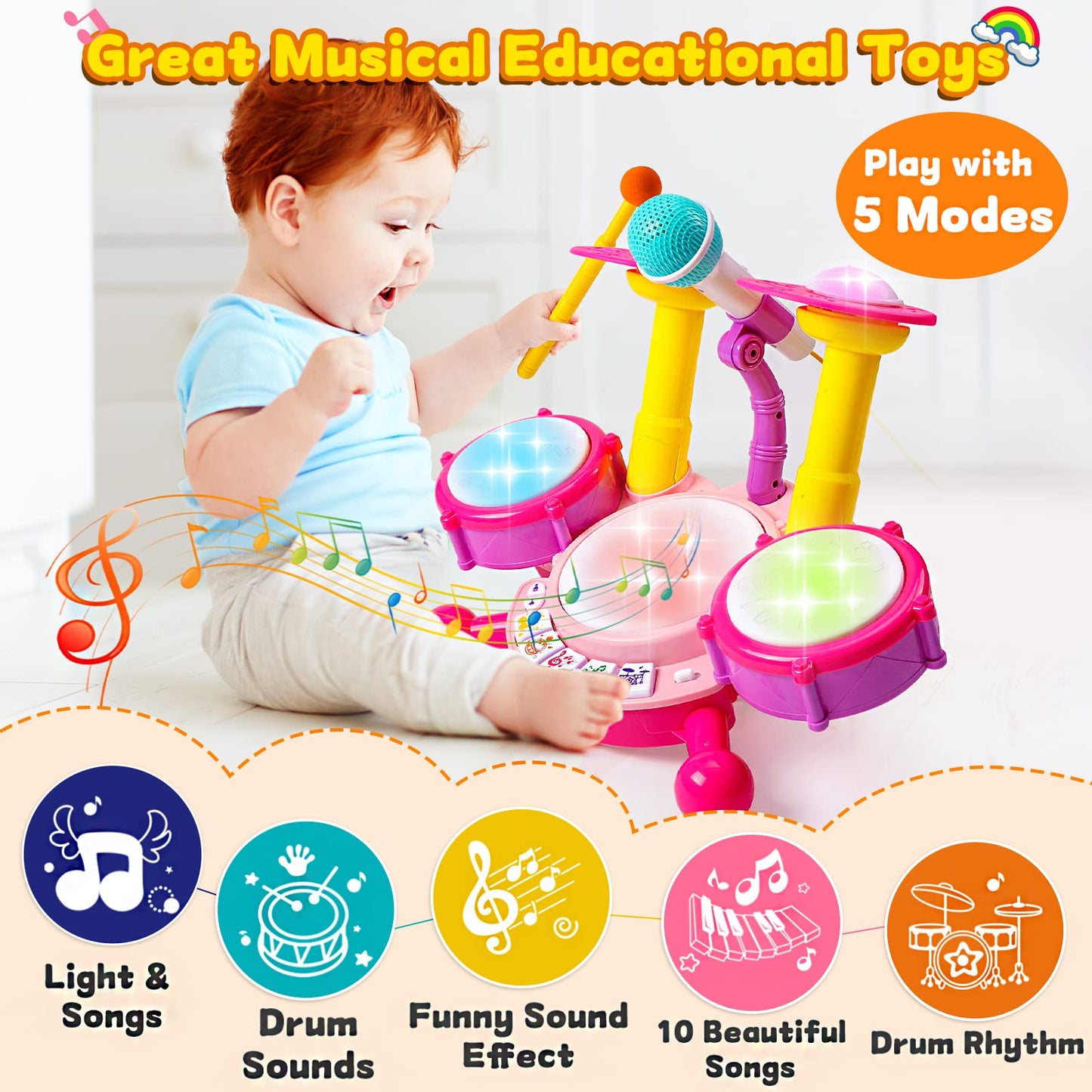 Kids Drum Set For Toddlers 1-3 Musical Baby Girl Toys For 1 Year Old Girl Gifts Educational Microphone Instruments Toys 12-18 Months Toddler Girl Toys Age 1-2 Birthday Gifts Presents For 6 9 12 Months