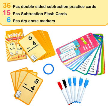 Limque 1-12 Math Flash Cards With 6 Dry Erase Pens, 15Pcs Big Subtraction Flash Cards + 36 Pcs Random Double-Sided Subtraction P