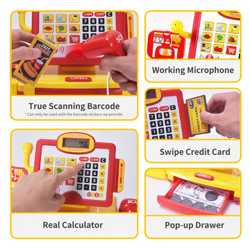 Fs Pretend Play Cash Register Toy With True Barcode Scanner & Calculator, Microphone, Play Food, Supermarket Cashier, Great Pre-