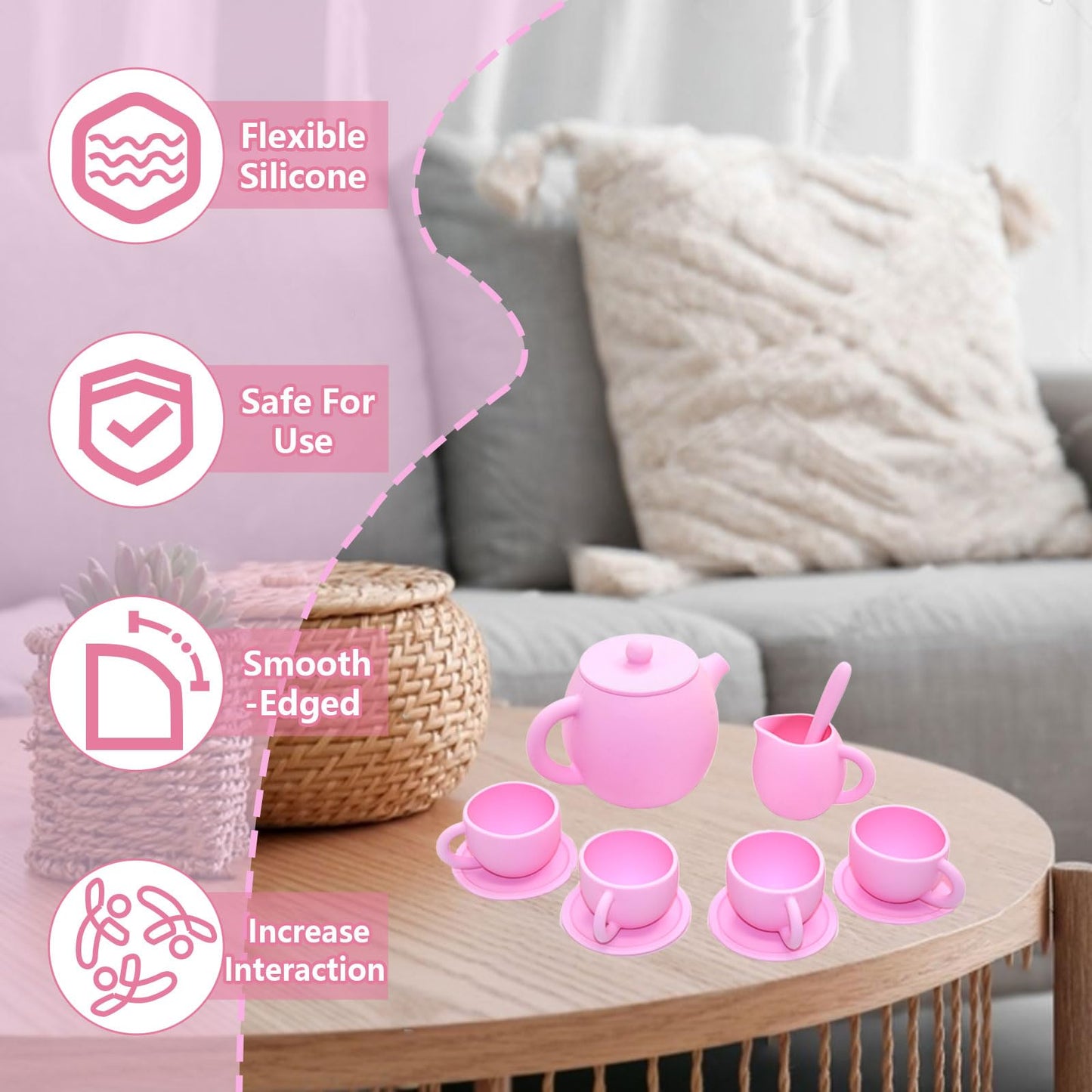 Silicone Tea Set, Silicone Tea Party Set, Pretend Play Tea Party Set for Girls, Food Grade Kids Kitchen Tea Set Accessories for