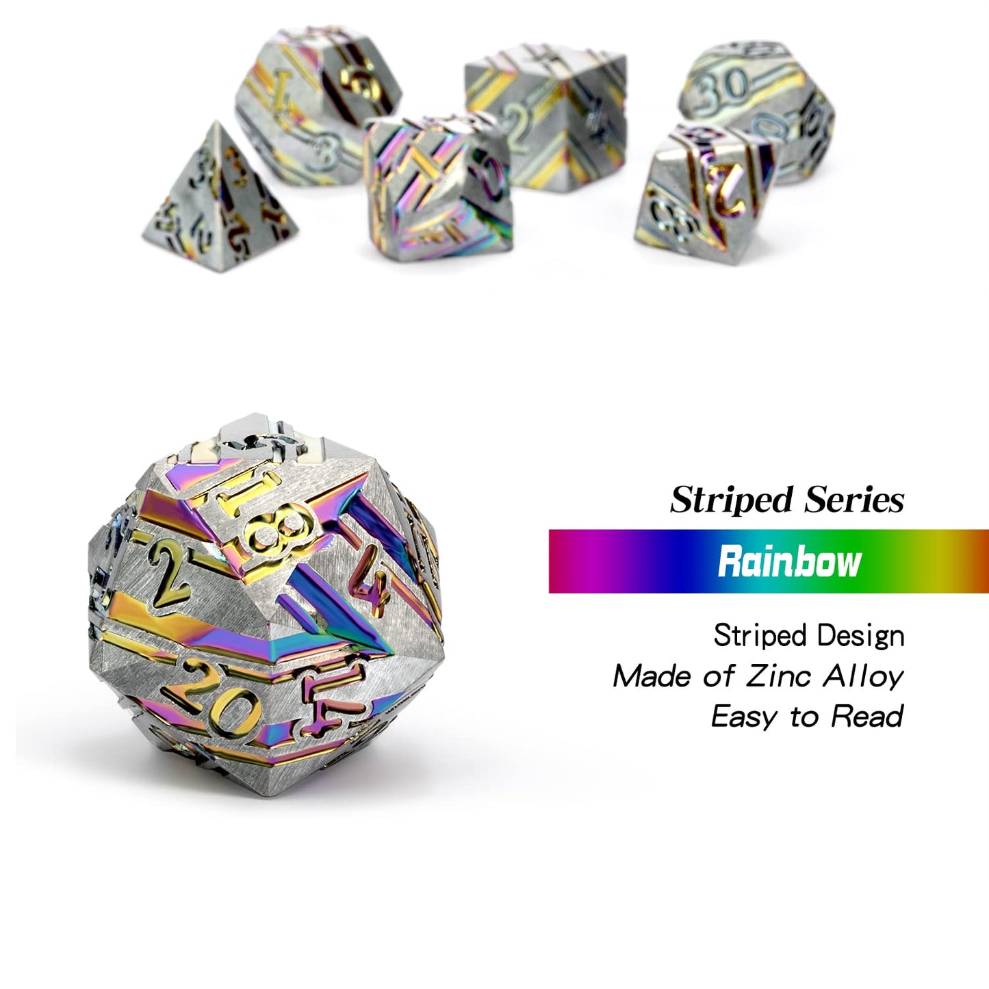 DNDND Rainbow Stripe DND Metal Dice Set,7 PCS Zinc Alloy with Gift Case for Dungeons and Dragons D&D (Rainbow)