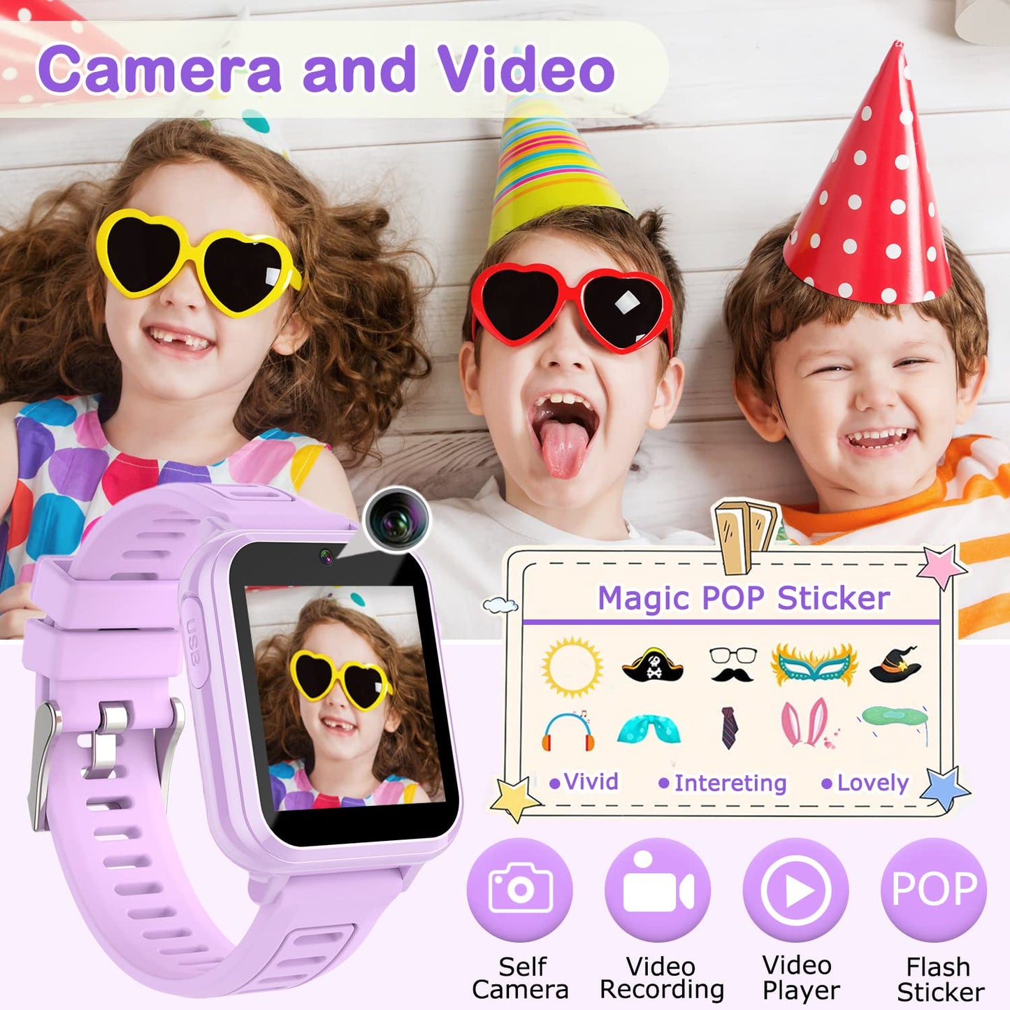 Cosjoype Kids Smart Watches Girls Gift Age 3-12, With 24 Puzzle Games Hd Video Camera Music Player Learning Cards Storybook Pedometer Flashlight Touchscreen Kid Watch Brithday Gift For Girls