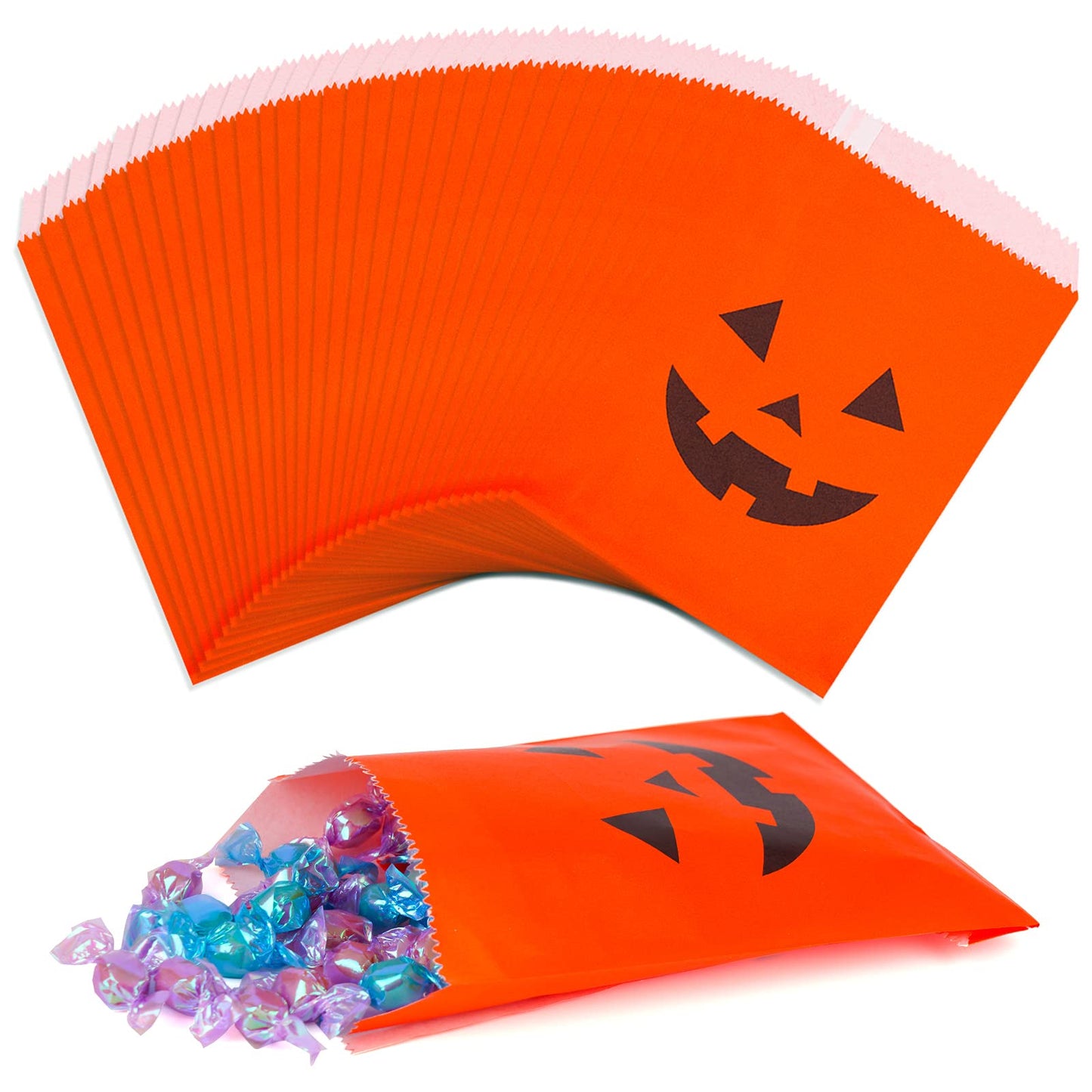 Kolewo4Ever 100 Pieces Halloween Pumkin Bags Halloween Treats Bags Halloween Paper Bags Pumkin Color Bags Jack-O-Lantern Pumpkin