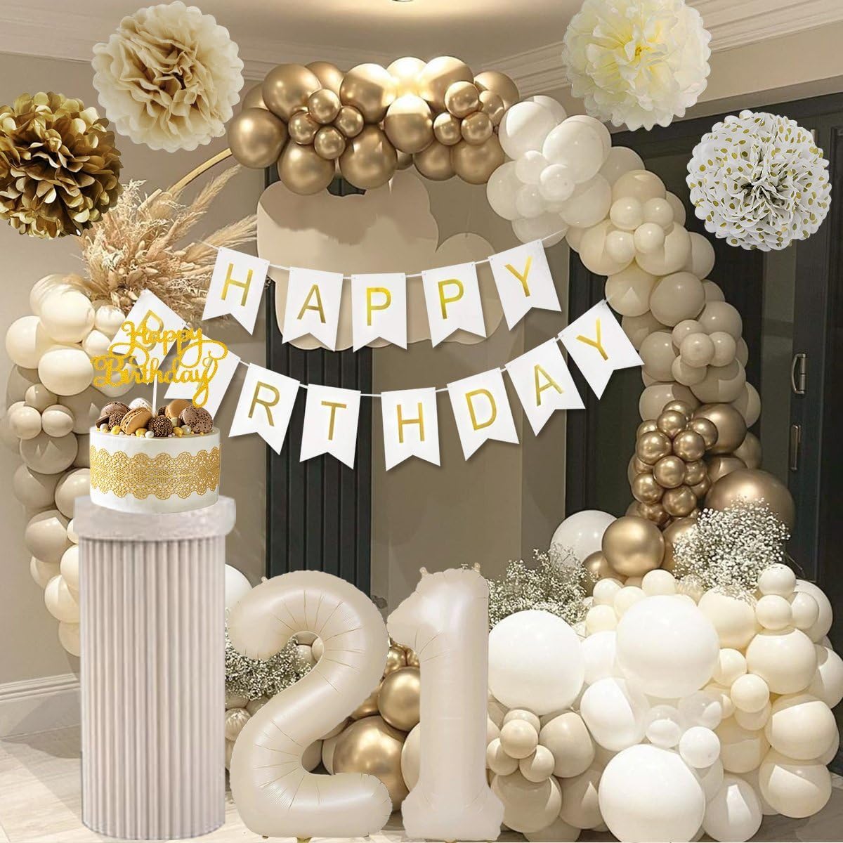 21St Birthday Decorations For Her, Happy 21St Birthday Decorations White And Gold Balloons Happy Birthday Banner Tablecloth Frin