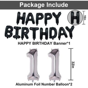 Naninuneno 11Th Black Silver Birthday Party Decorations For Boys Girls, Happy 11 Birthday Party Supplies With Black Happy Birthd
