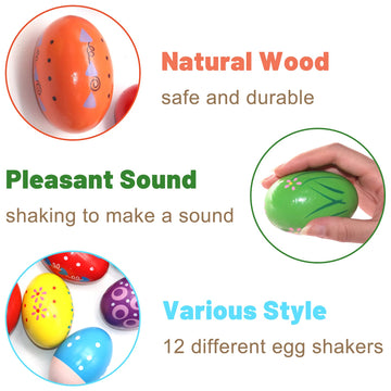 Ehome 12Pcs Wooden Egg Shakers Set Hand Musical Maracas Percussion Instruments Baby Eggs Shaker Prefilled Montessori Toys Birthd