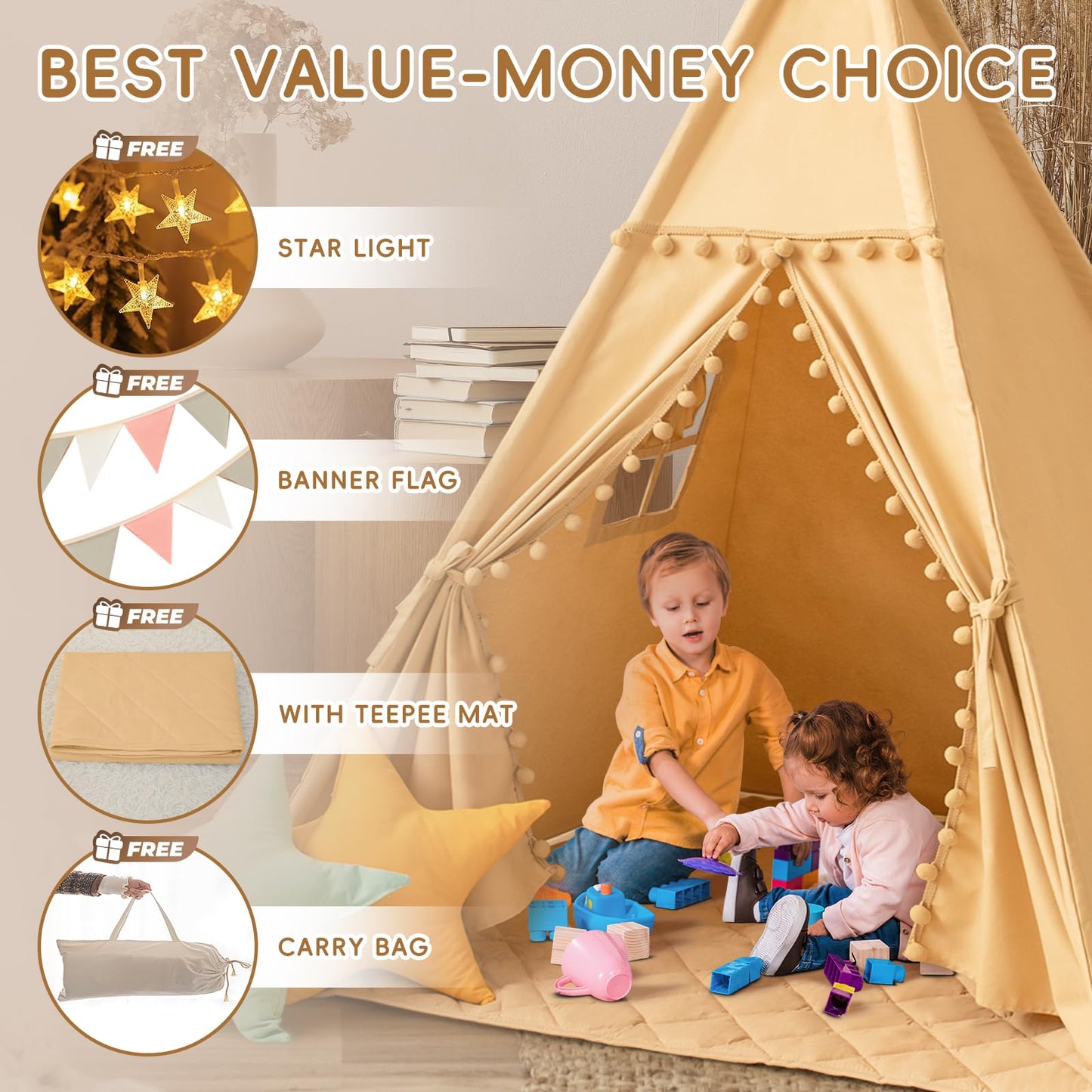 WIRHAO Teepee Tent for Kids with Mat, Cotton Canvas Kids Teepee with Pompom for Toddlers Indoor Play Tent for Girls Boys with St