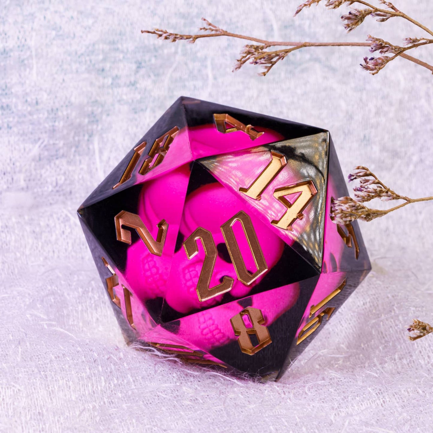 Cusdie Large 55mm D20 Dice with Sharp Edges, Giant D&D 20 Sided Dice for Dungeons and Dragons RPG, Table Games (Pink Skull)