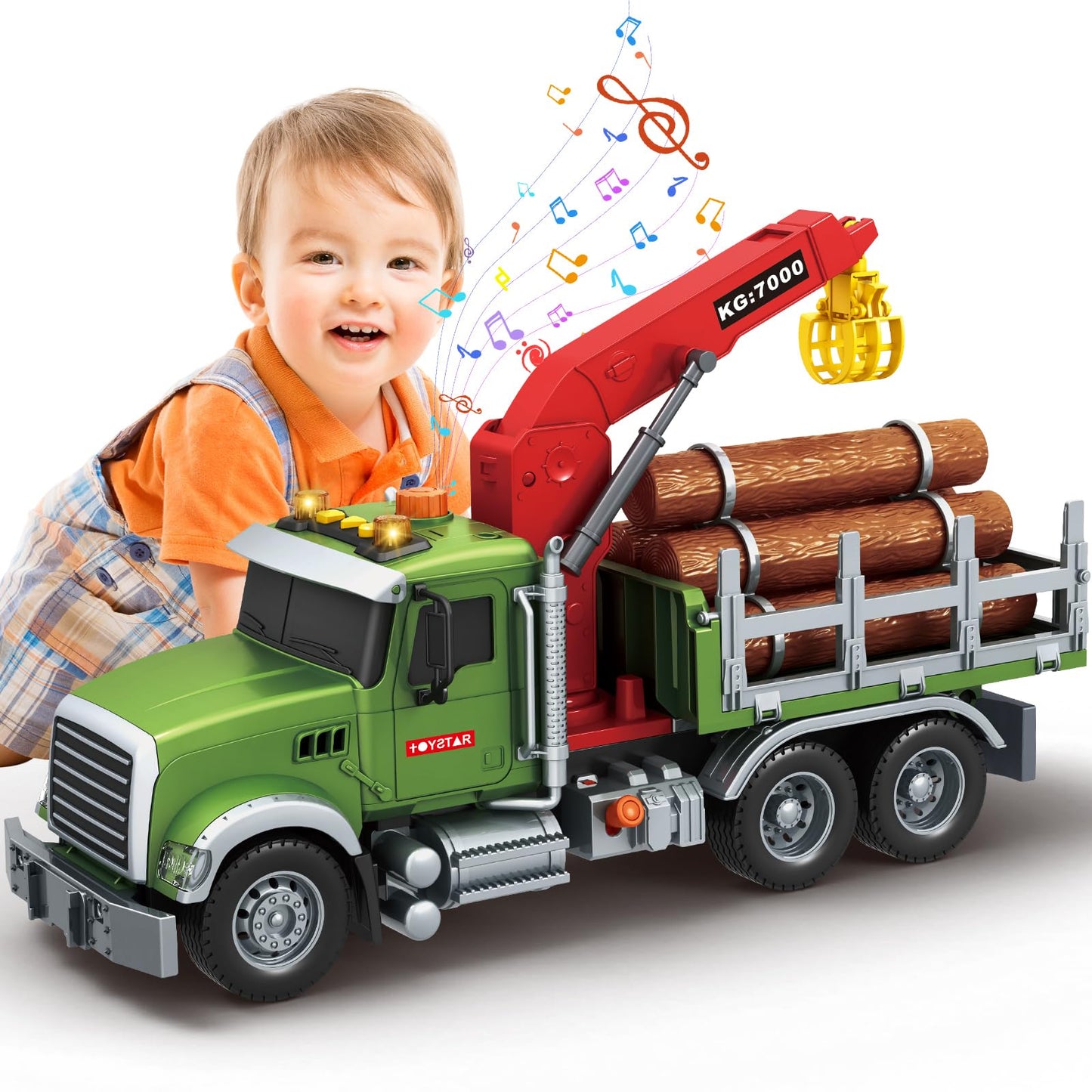 Mostop Logging Truck Kids Toy For 3 4 5 6 7 8 Year Old Boys, 15 Farm Logging Truck With Crane And 6 Trunks, Lights, Sounds, Fric