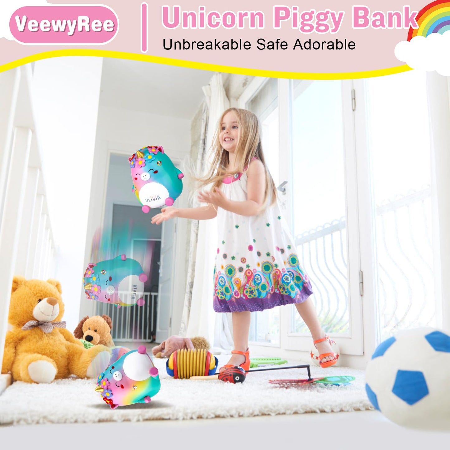Veewyree Unicorn Piggy Bank Girls - Cute Rainbow Kids Piggy Bank For Girls, Personalized Unbreakable Resin Coin Money Bank For K