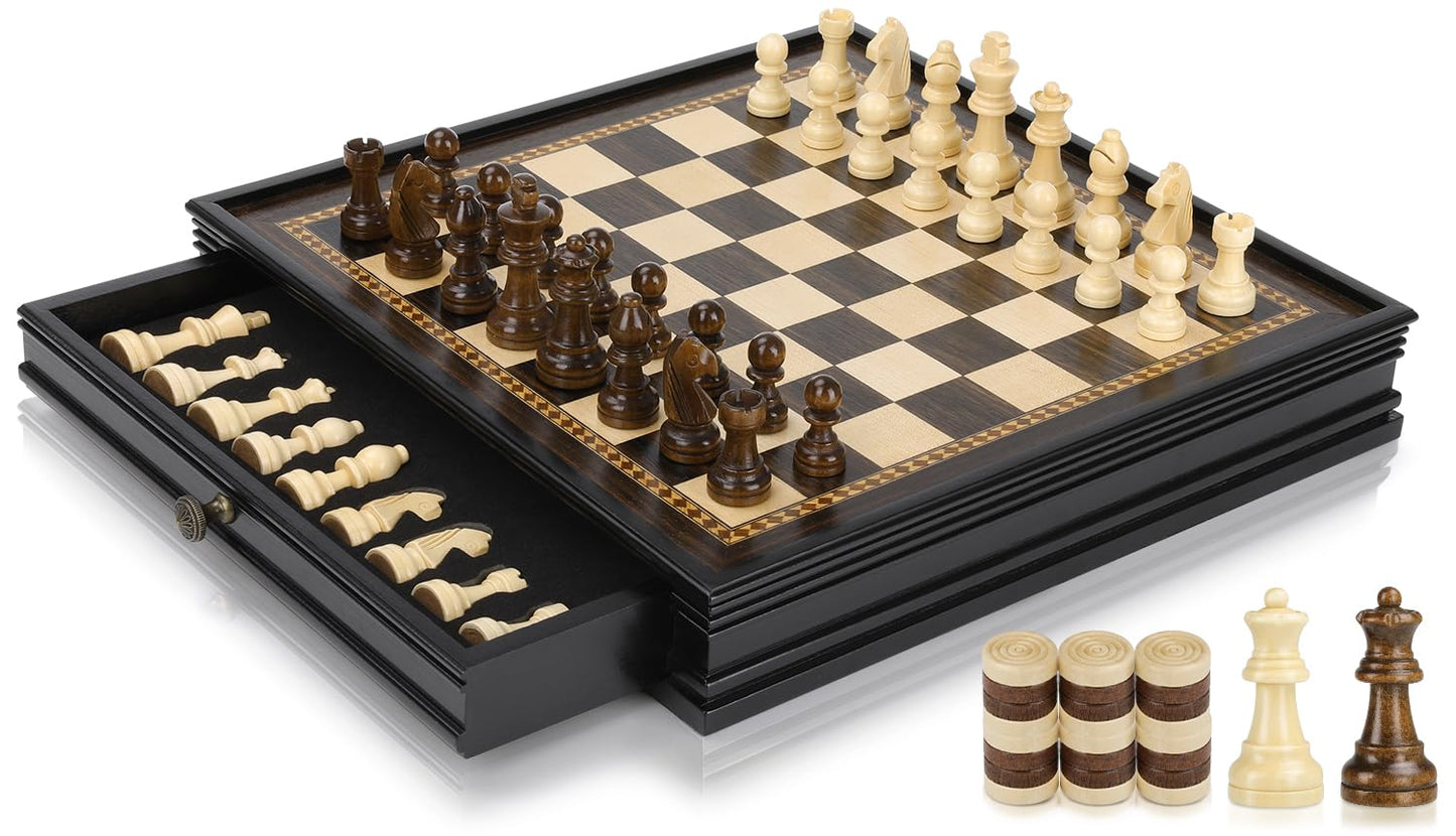 Peradix Magnetic Chess Checkers Board Sets With 2 Built-In Storage Drawers,12.8'' Classic 2 In 1 Wooden Games With 2 Extra Queen