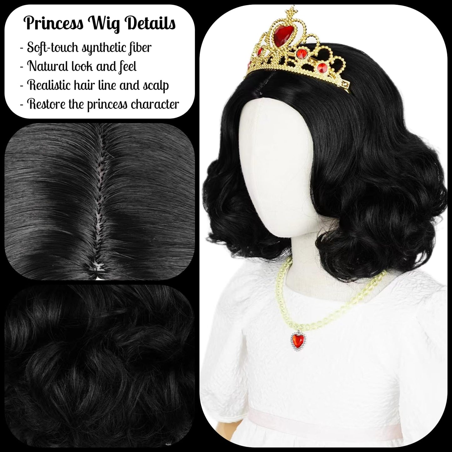 Princess Wig Set Kids Short Curly Black Cosplay Wigs For Kids Girls, Black Middle Part Wig Child'S Costume Wigs Synthetic Hair F
