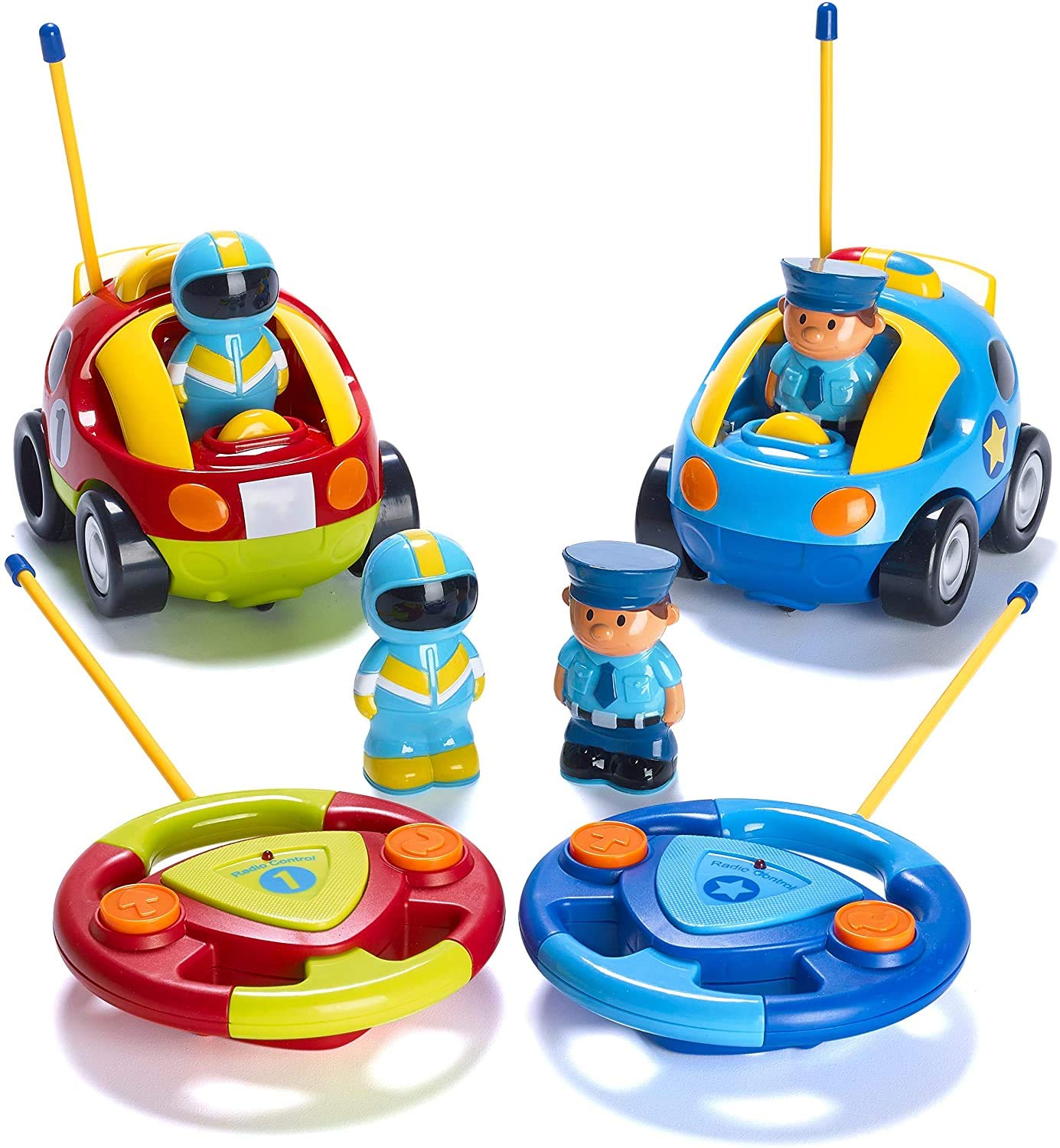 PREXTEX 2 Pack Cartoon Remote Control Cars - Police Car and Race Car for Toddlers - RC Cars for Kids with Different Frequencies