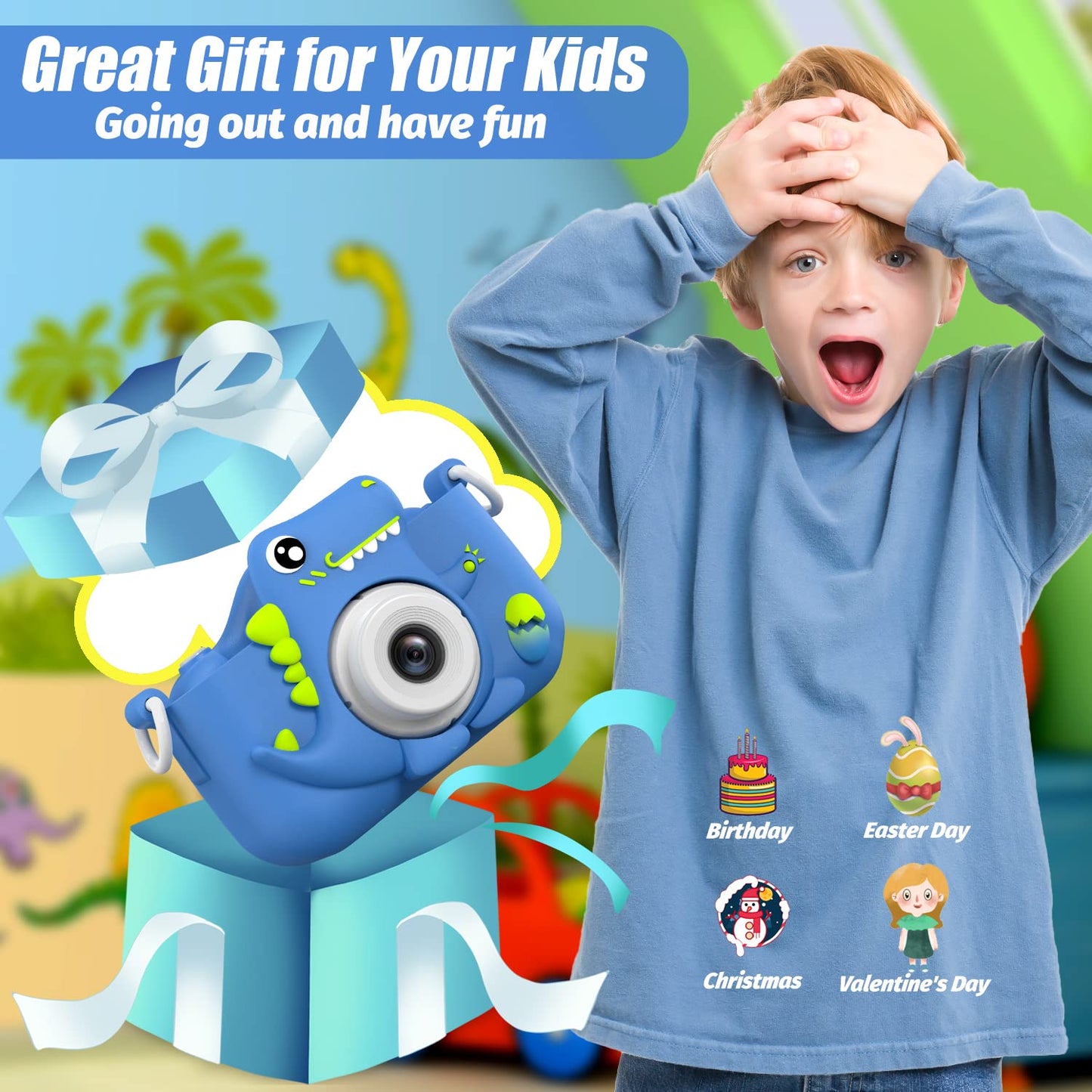 Upgrade Dinosaur Kids Camera, Christmas Birthday Gifts For Girls Boys 3-12, 1080P Hd Selfie Digital Video Camera For Toddlers, C