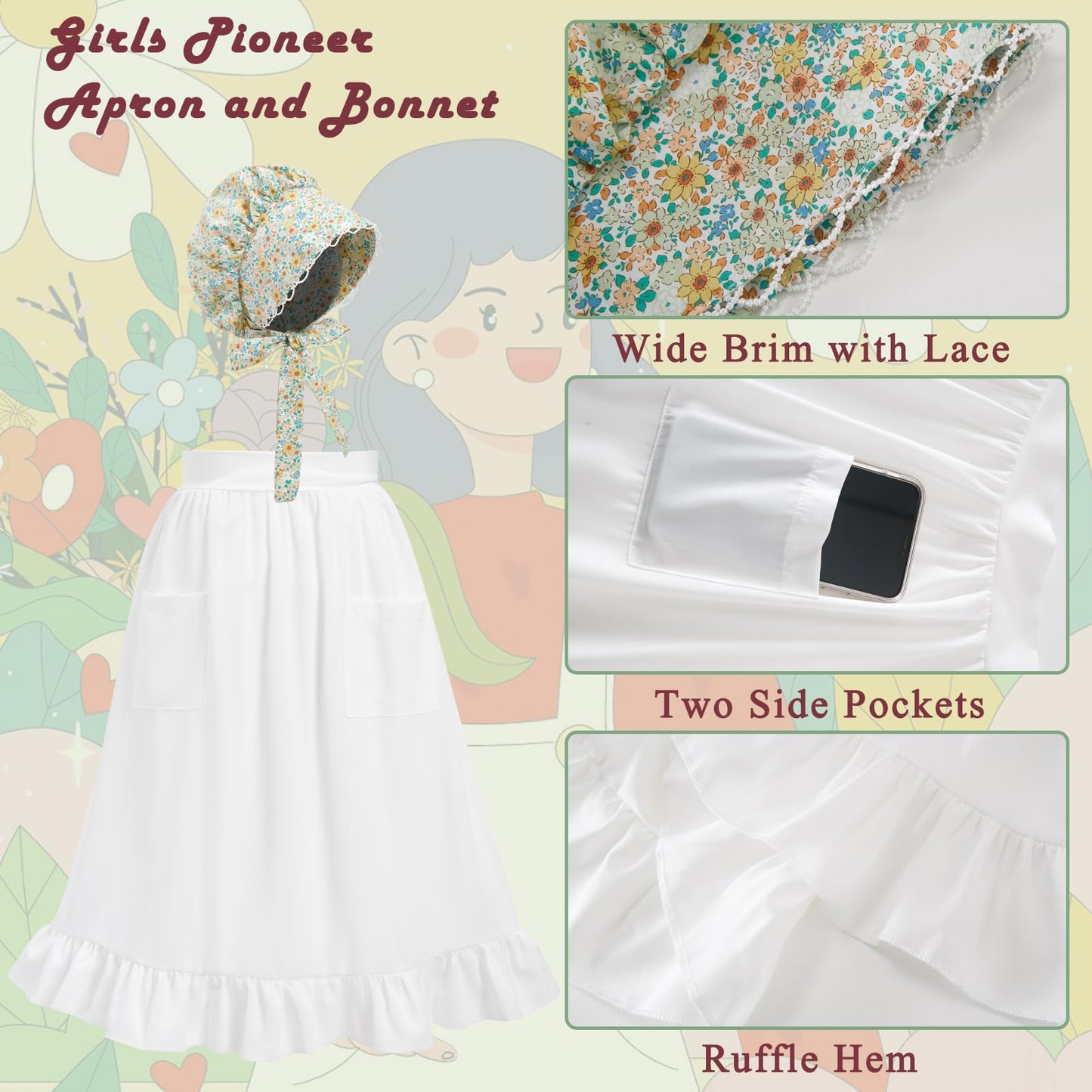 Fortmac Prairie Dress Girls Pioneer Colonial Costume Floral 1800S Pilgrim Costume With Apron And Bonnet Green 7-8Y
