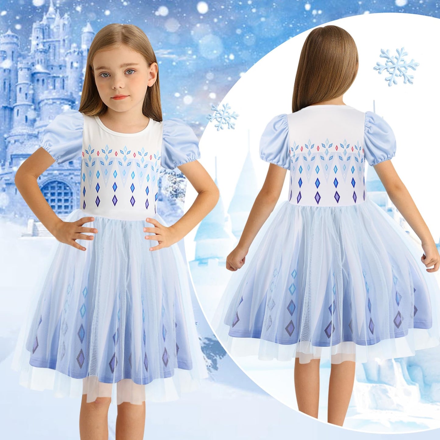 Benylion Princess Dress For Girls Princess Dresses Party Wear Puff Sleeve Tulle Dress For 5-6 Years,White