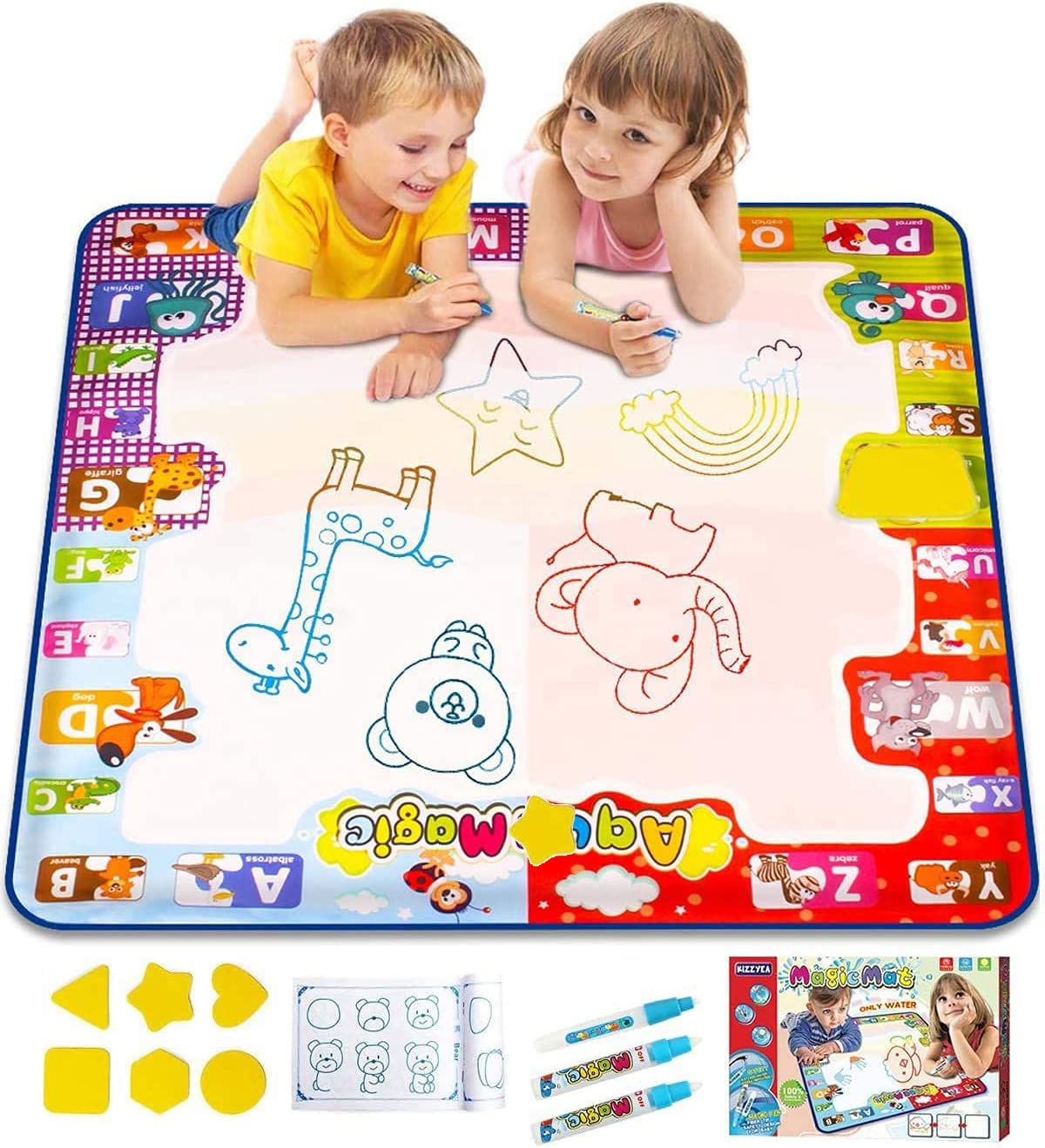 Kizzyea Educational Toy For 2 3 4 5 Years Old Kids, Water Doodle Mat, Kids Large Coloring Mat With Neon Colors, Christmas Birthd