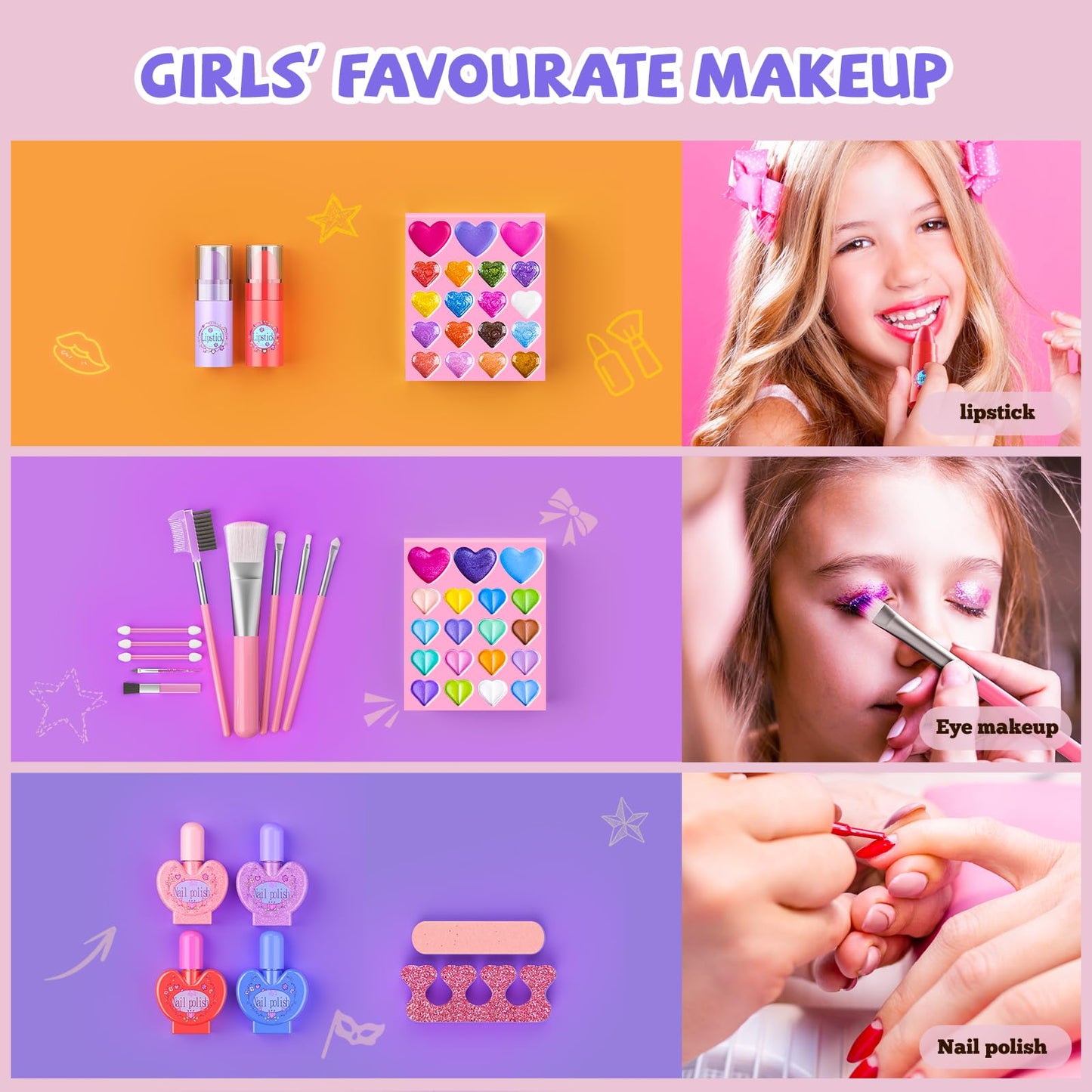 GORISPI Kids Makeup Sets for Girls, 66pcs Real Cosmetic for Kids Toys with Mirror, Princess Washable Girls Makeup Kit, Non-Toxic