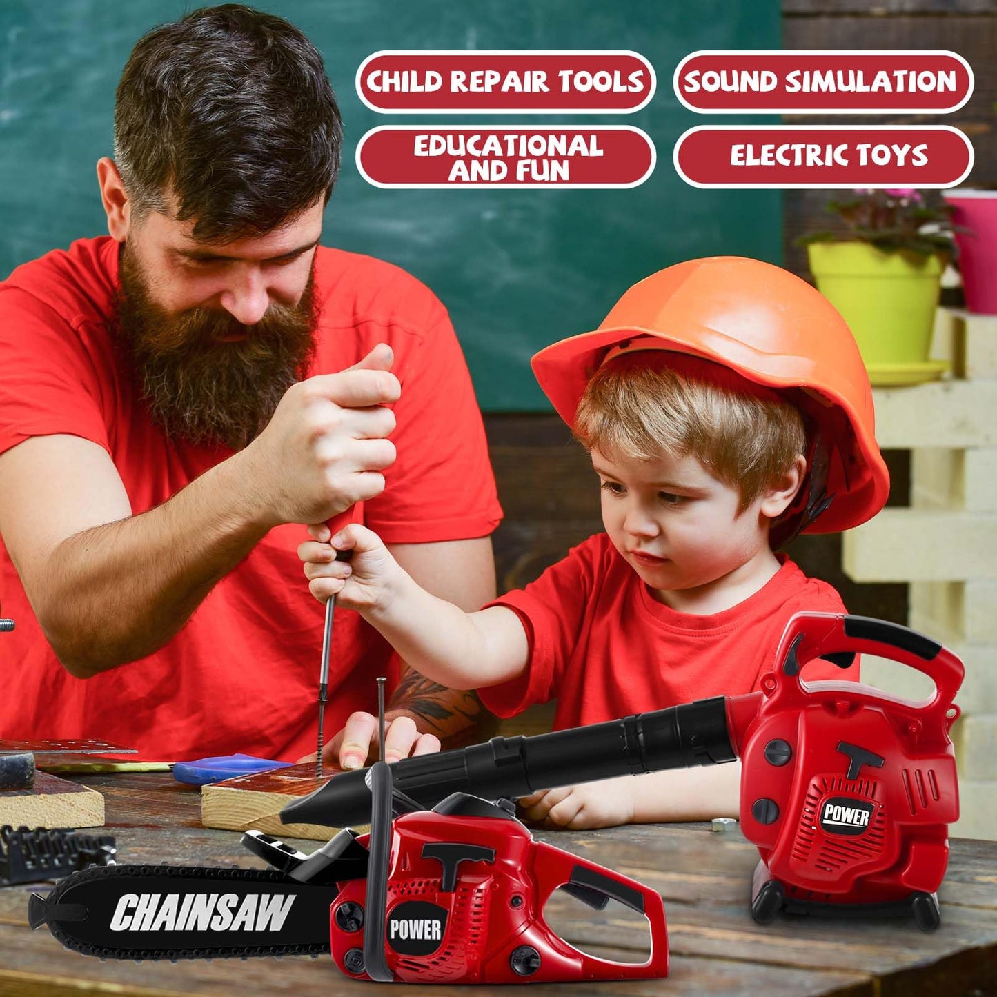 Arrowbash Toy Gardening Tool Set - 3 Pcs Leaf Blower, Trimmer, Chainsaw, Red/Black, Lights & Sounds, Model: Arrowbash-thur0104f