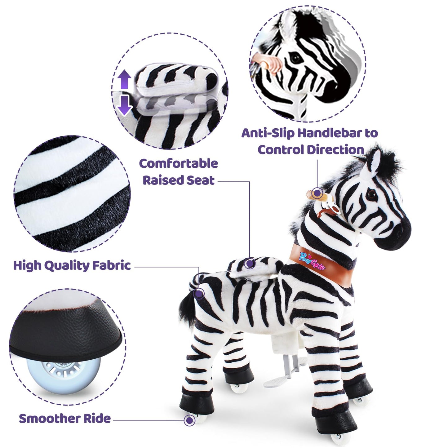 Ponycycle Zebra Kids Ride On Horse Kids Riding Horse Unicorn Toys Classic Model U (With Brake/ 30' Height/Size 3 For Age 3-5) Pony Cycle Ride On Zebra Plush Toy Pony Stuffed Animal Toy Model Ux368