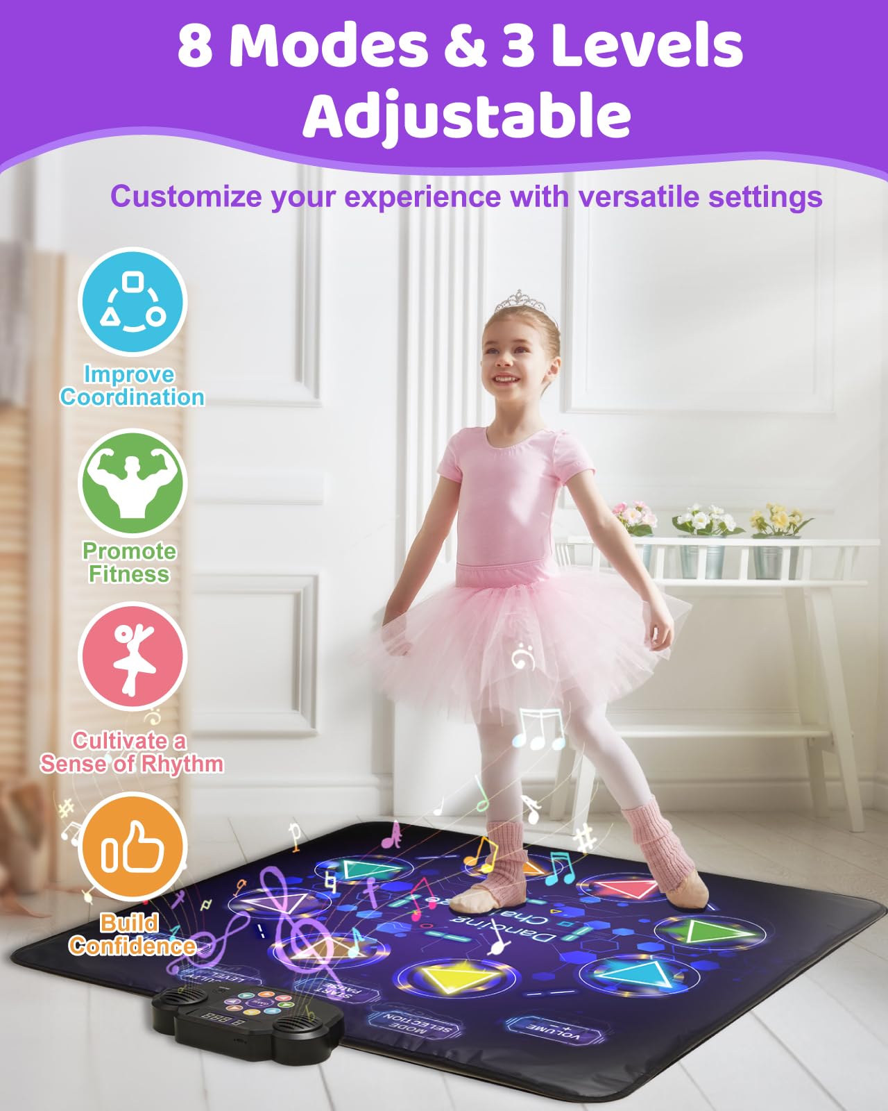 Gleamkid LED Light-Up Dance Mat for Kids, 8-Button Pad with Bluetooth, Music, 8 Modes & 3 Difficulty Levels, Ages 3-12