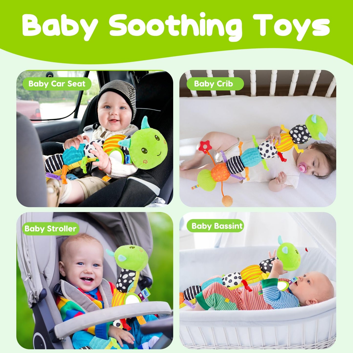 Baby Sensory Toy 0-6 Month Music Animal Stuffed Plush Caterpillar Toy For Infant 0-3-6 Month Tummy Time With Baby Mirror Crinkle
