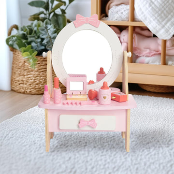 Wooden Vanity Set For Kids, Pretend Play Toddler Makeup Vanity Table Toys With 360 Rotatable Mirror, Beauty Salon Set Includes M