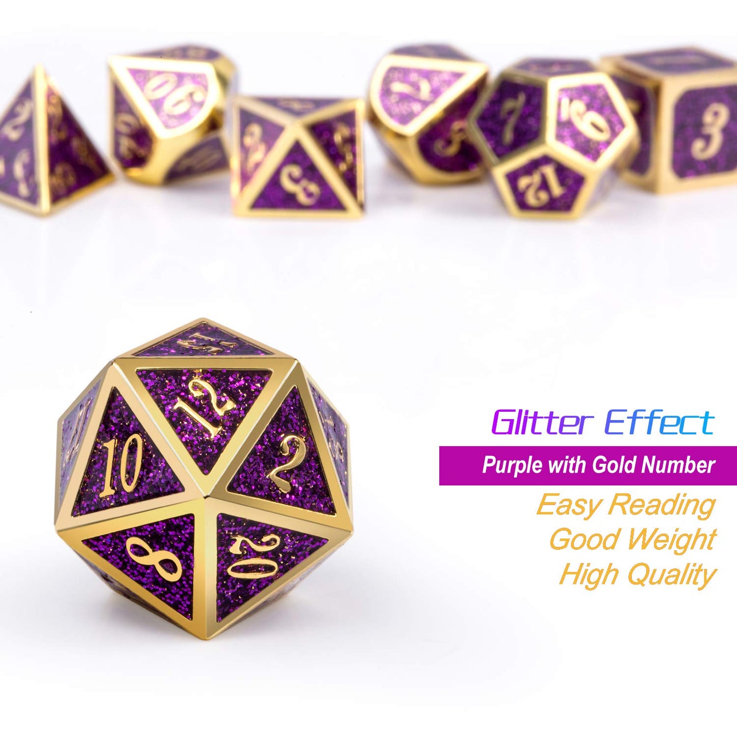 DNDND Glitter Purple Metal Dice Set, Solid Polyhedral DND Metallic Dice with Free Metal Case for Role Polying Game Dungeons and