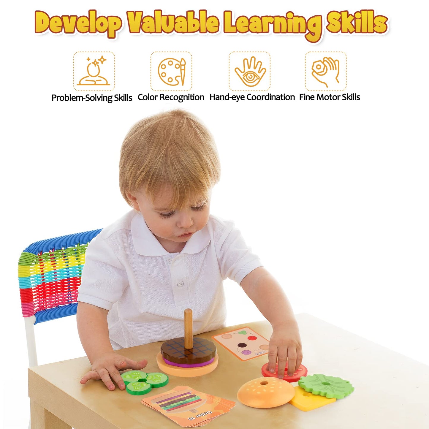 Aizweb Montessori Toys For 3 Year Old - Wooden Burger Stacking Toys For Toddlers And Kids Preschool, Educational Toys, Fine Motor Skill Toy, Blocks For Toddlers, Learning Toys