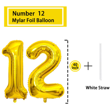 12 Number Balloon Gold 40 Inch Big Foil Mylar 12Th Balloons For 12 Year Old Boy Girl Birthday Party Decorations Wedding Annivers