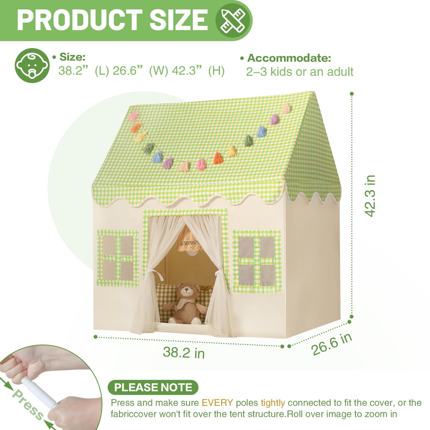 Senodeer Kids Play Tent Indoor: With Mat, Tassel Garland, Star Lights - Green Checkered Boys Tent Playhouse For Toddlers Kids To