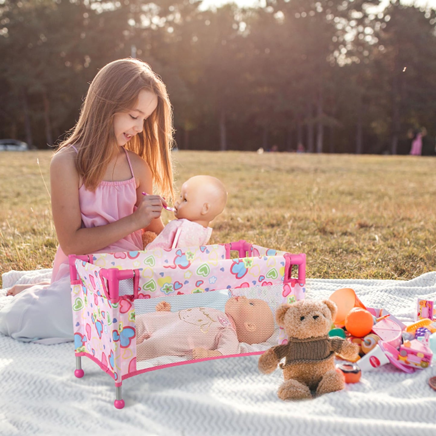 Chyyeerkidd Toy Baby Doll Crib For 18'' Dolls, Cute Pink Heart Designed Baby Doll Bed With Carry Bag, Toy Crib Doll Furniture Fo