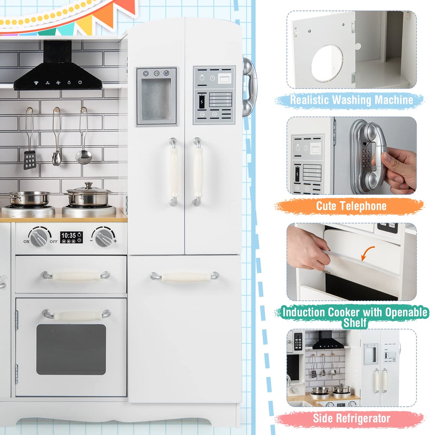 Costzon Corner Kids Kitchen Playset, 11-in-1 Wooden Toy Kitchen Set with Realistic Washing Machine, Microwave, Oven, Stove, Refr