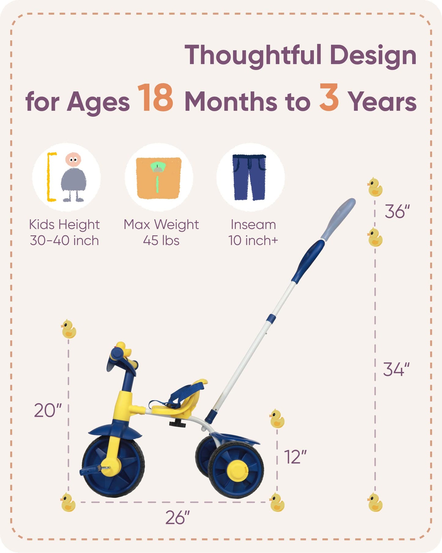 KRIDDO 2 in 1 Kids Tricycle, EVA Wheels, Push Handle, Age 18 Months to 3 Years, Blue